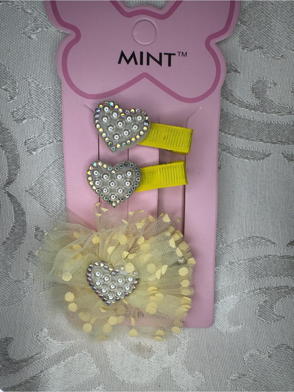 New Mint Yellow Heart Pearl & Tulle Hair Clip Set for Kids